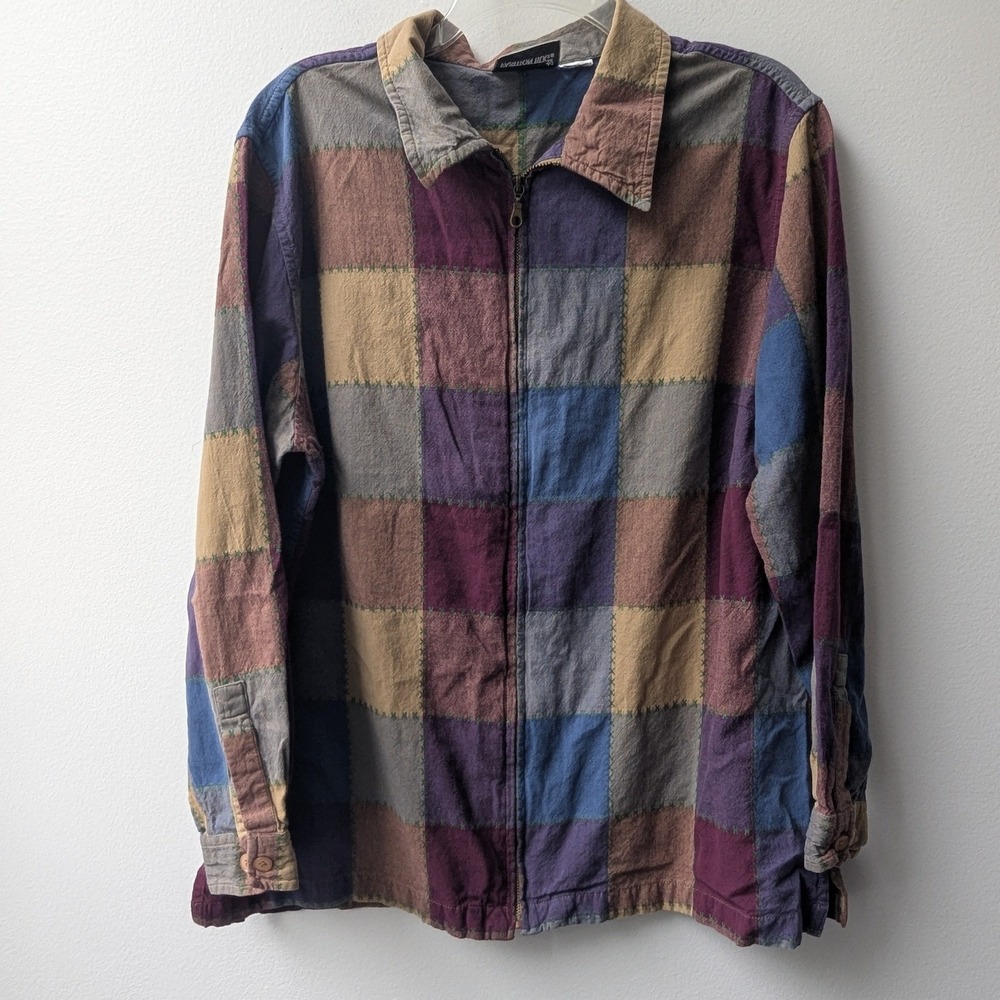 Vtg 90s Fashion Bug Zip Up Shirt Shacket Multicolor Patchwork Cross Stitch XL